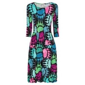 Alquema‎ Women Midi Dress Medium Pleated Black Rainbow Moo Bear Abstract Artsy